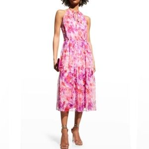 Marchesa Notte floral-print tiered dress with ruffle trim in Pink / multi